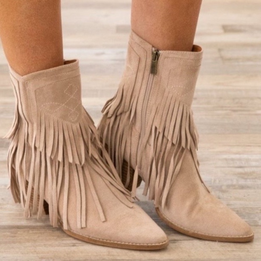 NEW Fringe Tassel Faux Suede Pointy Toe Block Heel Western Booties Boots Taupe - Picture 14 of 14